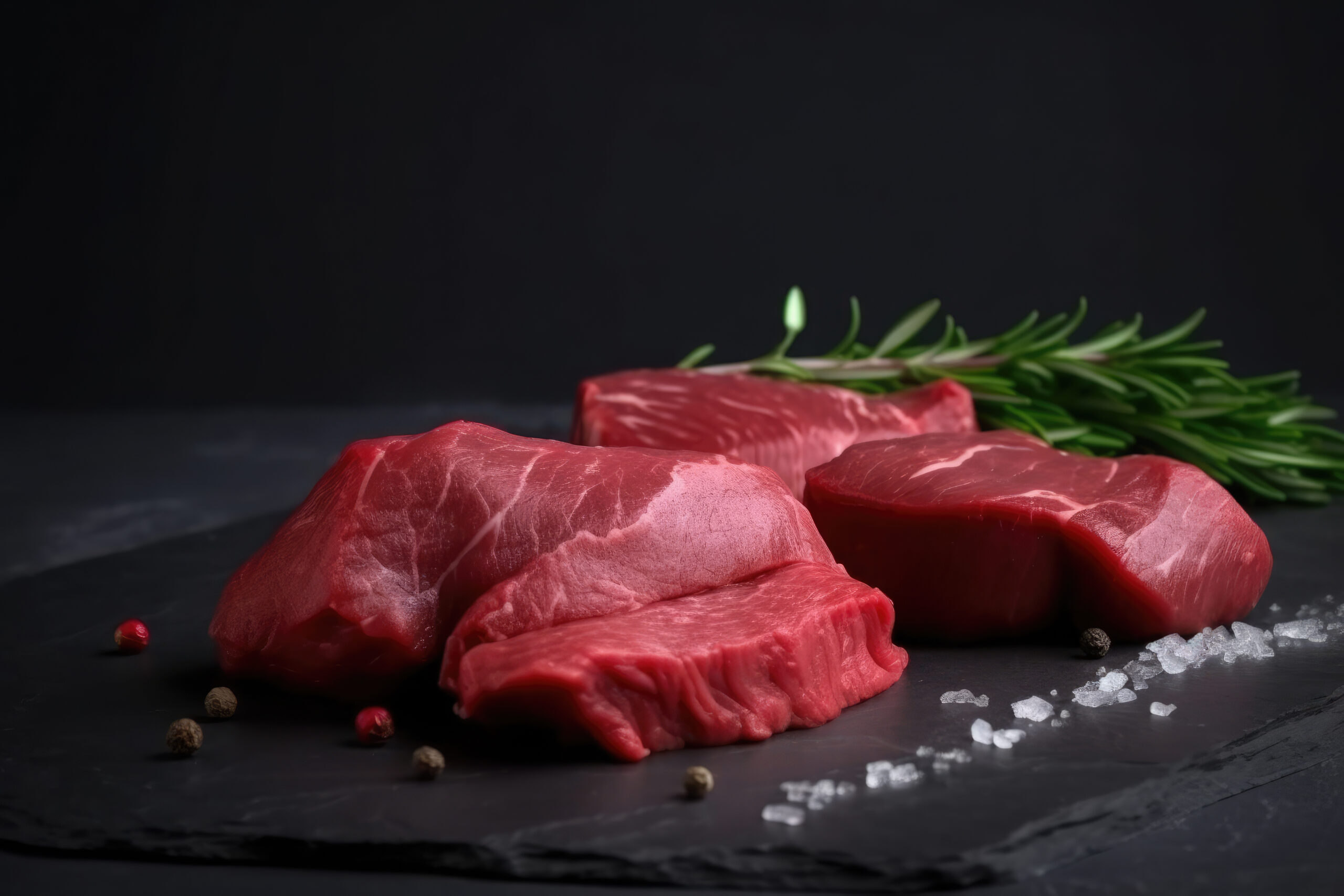 Raw meat steak with herbs and spices on black background.